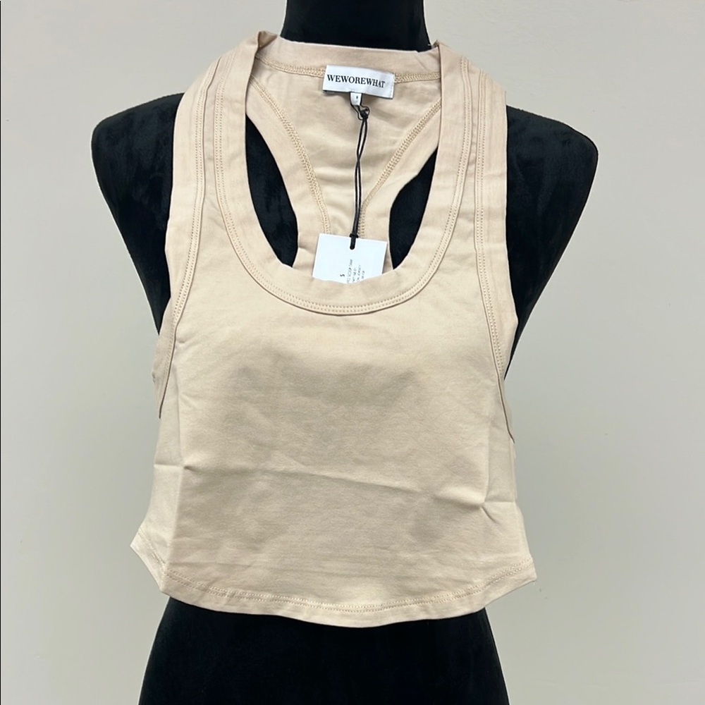 WeWoreWhat Cream Crop Tank Top with Cut Out Design